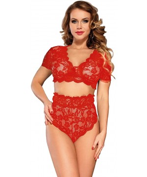 Bras Women Lace Bra and Panty Set Plus Size High Waist 2 Piece Lingerie Set M-5XL - Red - CQ18RML2TRC