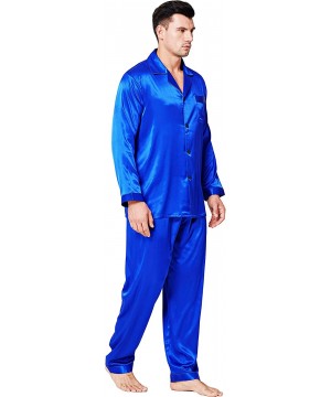 Sleep Sets Mens Satin Long Button-Down Pajamas Set- S 4XL - Royal Blue - CZ12EP9YUM7