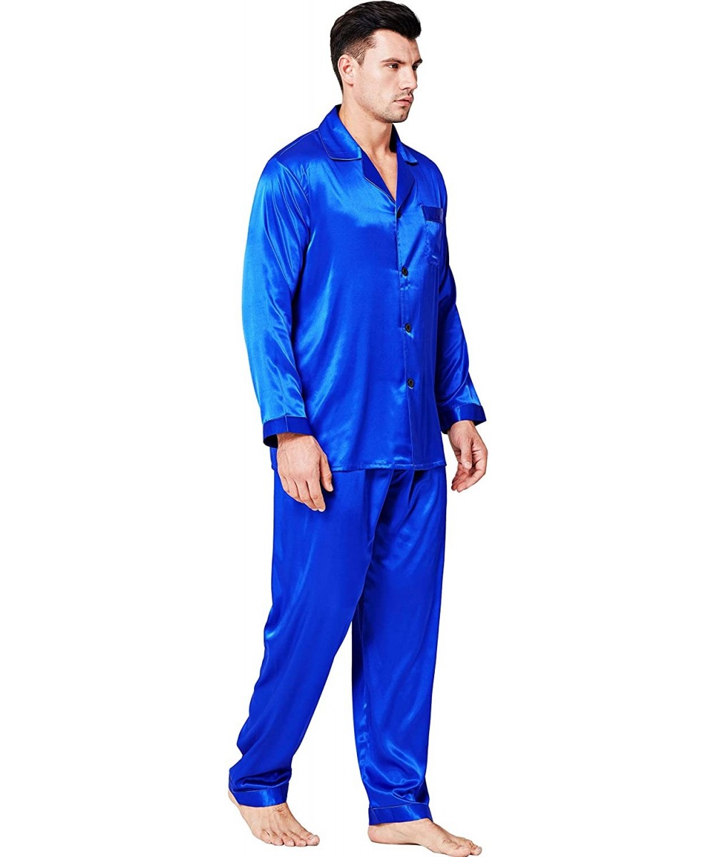 Sleep Sets Mens Satin Long Button-Down Pajamas Set- S 4XL - Royal Blue - CZ12EP9YUM7