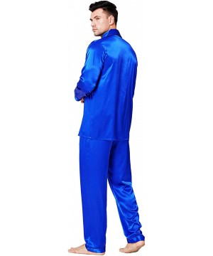 Sleep Sets Mens Satin Long Button-Down Pajamas Set- S 4XL - Royal Blue - CZ12EP9YUM7