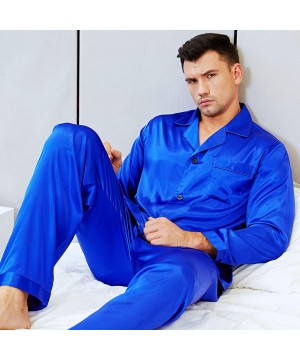 Sleep Sets Mens Satin Long Button-Down Pajamas Set- S 4XL - Royal Blue - CZ12EP9YUM7