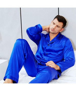 Sleep Sets Mens Satin Long Button-Down Pajamas Set- S 4XL - Royal Blue - CZ12EP9YUM7