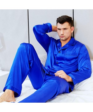 Sleep Sets Mens Satin Long Button-Down Pajamas Set- S 4XL - Royal Blue - CZ12EP9YUM7