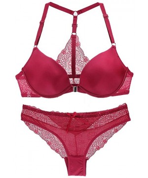 Bras Women's Sexy Lace Front Closure Y-Strap Push Up Seamless Bra Panty Set - Wine Red - C218W38UIR5