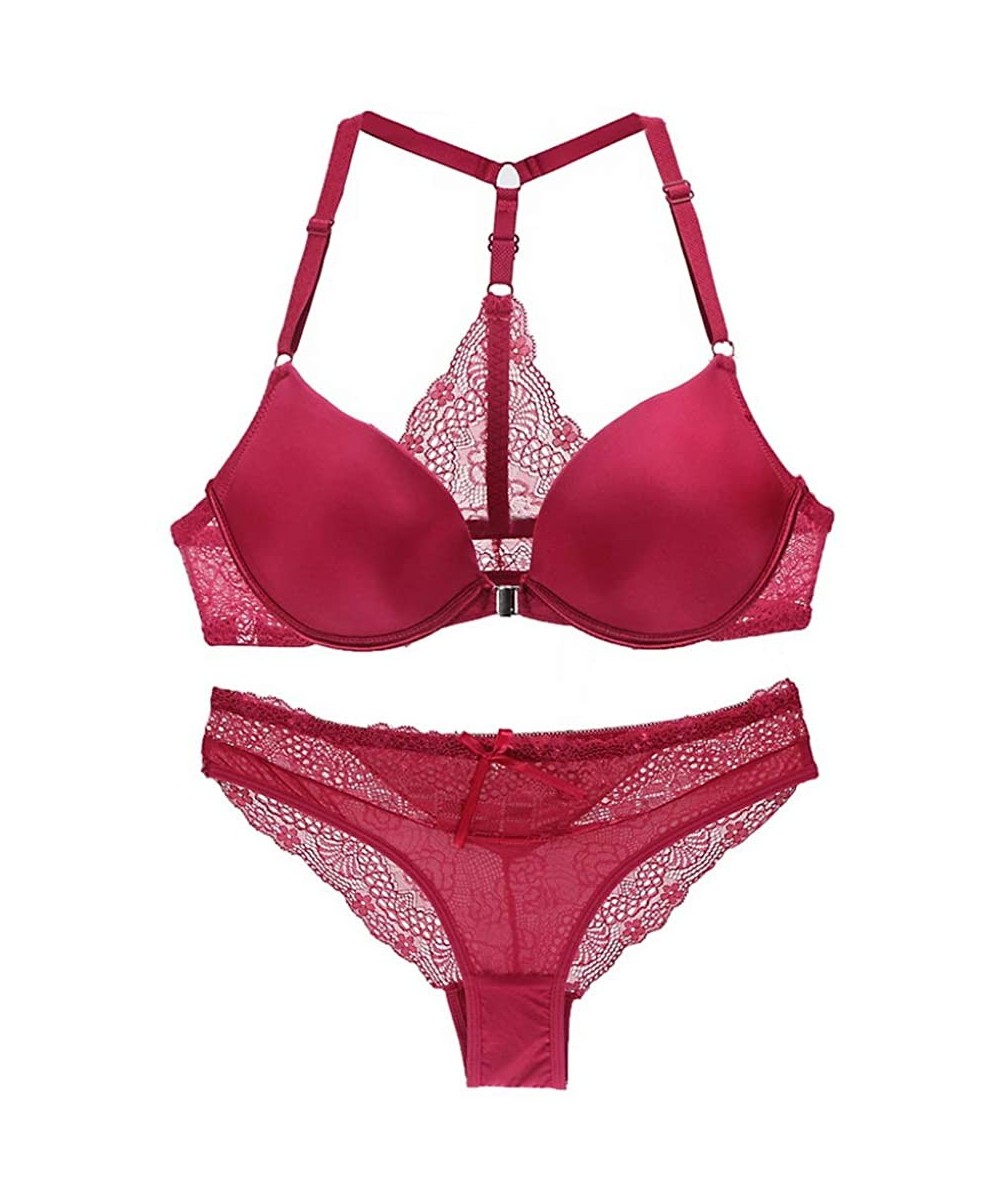 Bras Women's Sexy Lace Front Closure Y-Strap Push Up Seamless Bra Panty Set - Wine Red - C218W38UIR5