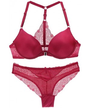 Bras Women's Sexy Lace Front Closure Y-Strap Push Up Seamless Bra Panty Set - Wine Red - C218W38UIR5