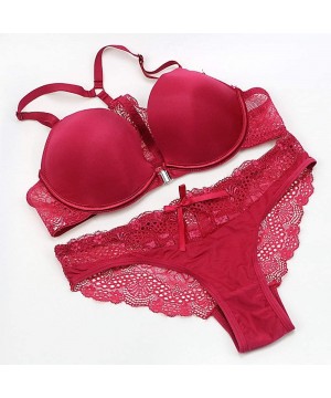 Bras Women's Sexy Lace Front Closure Y-Strap Push Up Seamless Bra Panty Set - Wine Red - C218W38UIR5