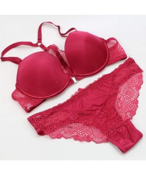 Bras Women's Sexy Lace Front Closure Y-Strap Push Up Seamless Bra Panty Set - Wine Red - C218W38UIR5