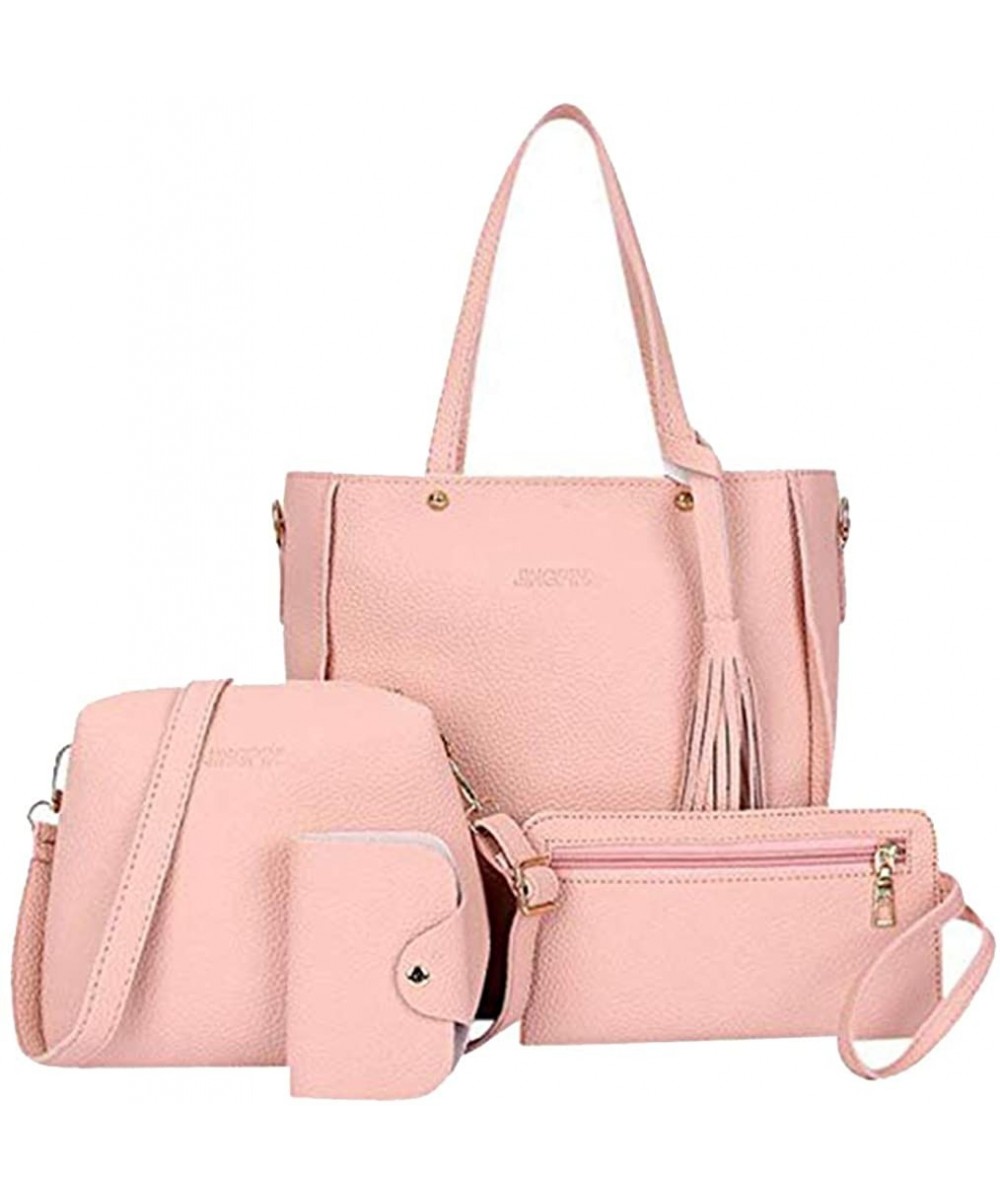 Robes Woman Bag 2019 Four Piece PU Leather Wallet Clutch Messenger Bag Card Holder Purse Top Handle Satchel Handbags Pink - C...