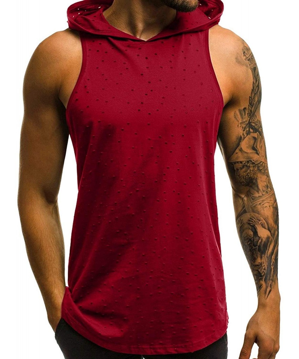 Shapewear Men's Workout Hooded Tank Tops Bodybuilding Muscle Cut Off T Shirt Sleeveless Gym Hoodies - Red - CY194EADQ7Y