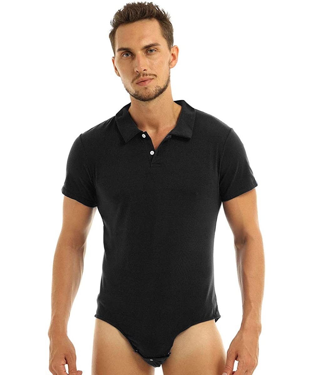 Undershirts Men's Short Sleeve Undershirt Turn-Down Collar Press Botton Crotch Shirt Bodysuit - Black - CO18SZSORQY