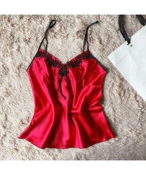 Sets Women's Lace Satin Sleepwear Cami Top and Shorts Pajama Set Sleeveless Strap Trim Top 2 Piece - Red - CJ18QOG9OKI