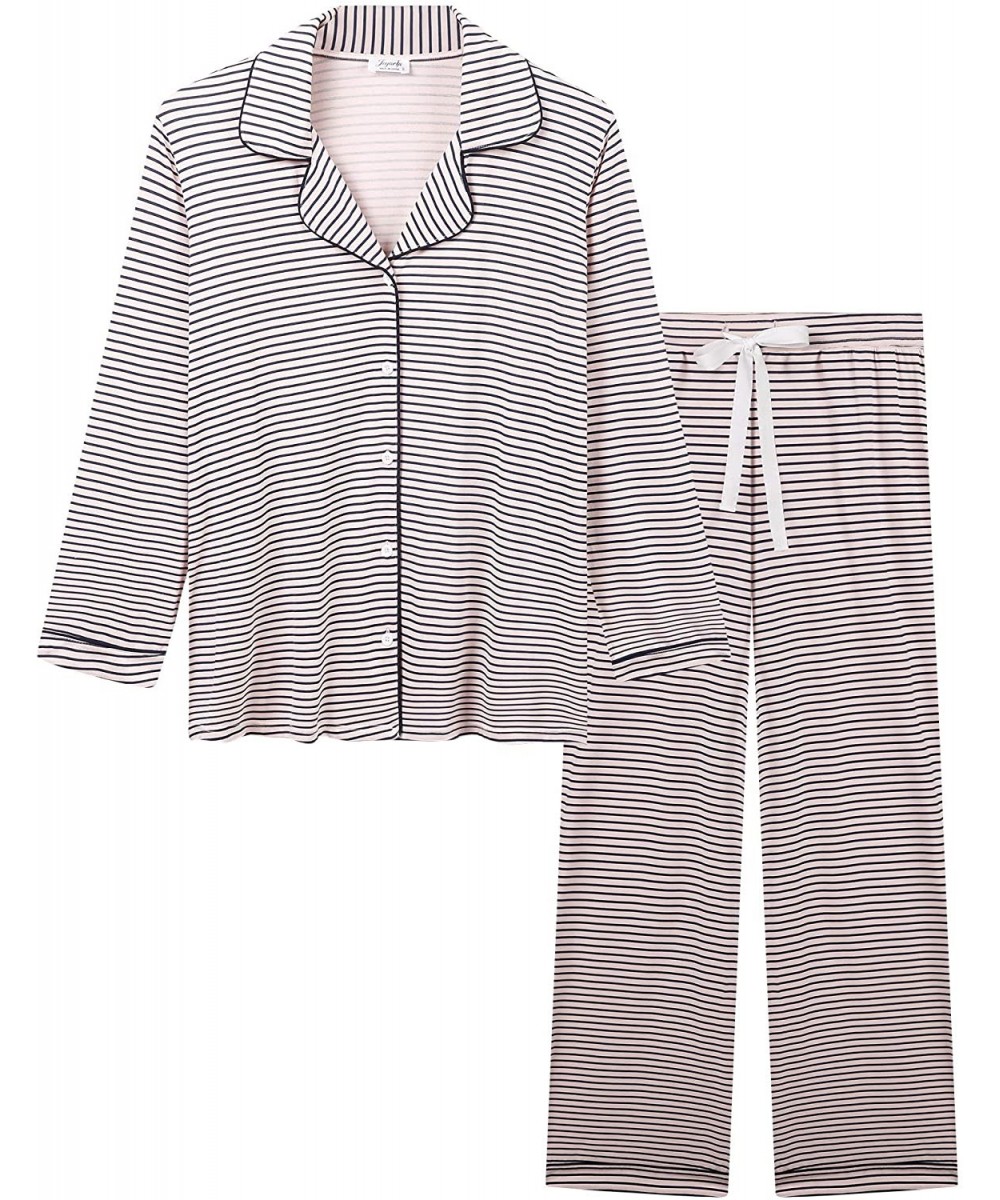 Sets Womens Soft Bamboo Pajama Sets Button Down Long Sleeve Pj Pants Set Sleepwear - Long-navy Striped - C818YOYWCKG