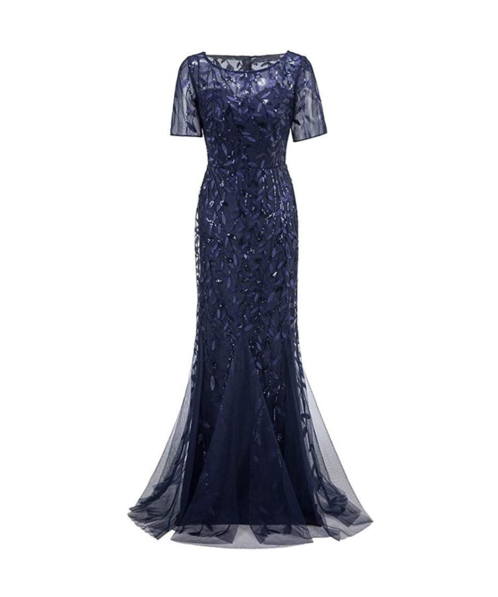 Sets Women's Illusion Embroidery Elegant Mermaid Evening Dress Short-Sleeve Leaf Sequin Beaded Mesh - Navy - C61943RHRG0