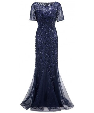 Sets Women's Illusion Embroidery Elegant Mermaid Evening Dress Short-Sleeve Leaf Sequin Beaded Mesh - Navy - C61943RHRG0