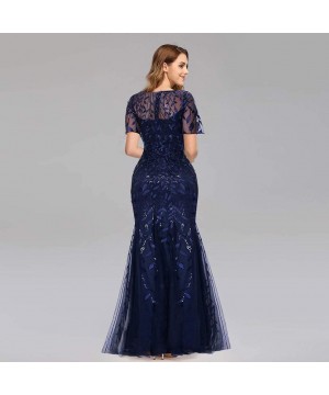 Sets Women's Illusion Embroidery Elegant Mermaid Evening Dress Short-Sleeve Leaf Sequin Beaded Mesh - Navy - C61943RHRG0