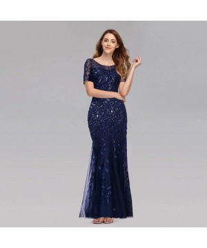 Sets Women's Illusion Embroidery Elegant Mermaid Evening Dress Short-Sleeve Leaf Sequin Beaded Mesh - Navy - C61943RHRG0