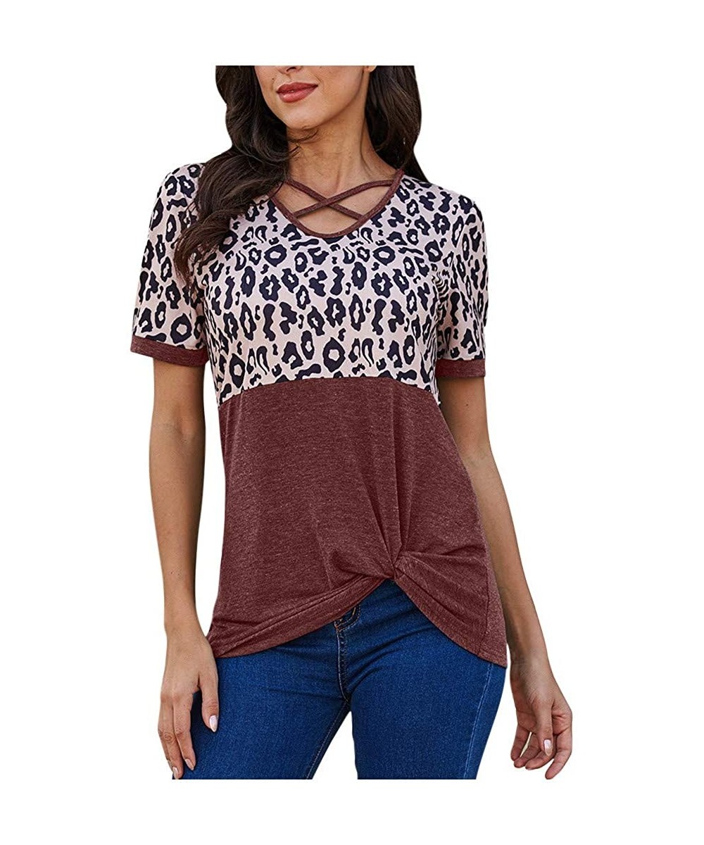 Thermal Underwear Women's Shirt Leopard Print Stitching Cross Strap Hollow Short Sleeves Top Blouse - B-wine - CK19CQHWSRW