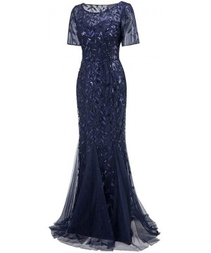 Sets Women's Illusion Embroidery Elegant Mermaid Evening Dress Short-Sleeve Leaf Sequin Beaded Mesh - Navy - C61943RHRG0