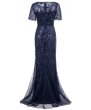 Sets Women's Illusion Embroidery Elegant Mermaid Evening Dress Short-Sleeve Leaf Sequin Beaded Mesh - Navy - C61943RHRG0