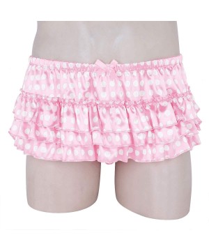 Briefs Mens Sissy Crossdress Lingerie Underwear Satin Ruffled Tiered Skirted Panties Briefs - Pink Polk Dot - C119DRTZ0U5