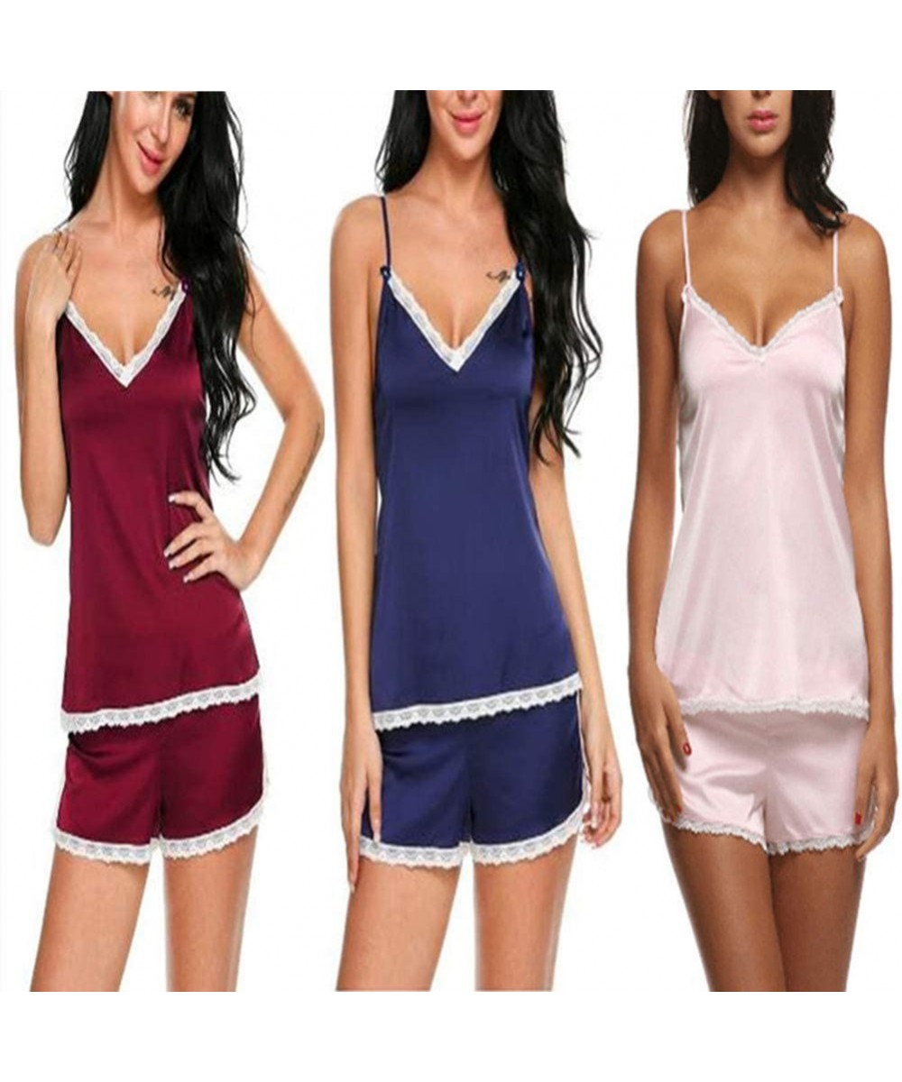 Sets Sexy Nightwear Camisole and Lace Shorts Home Pajama Set Satin V-Necked Halter Sleepwear - Pink - C618T9AQGAM