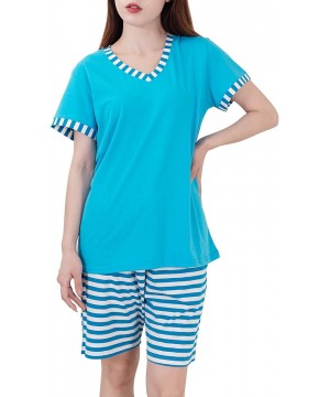 Sets Women's Pajamas Set Sleepwear Striped Pattern Bottom Nightwear Soft Pj Lounge Sets - Summer Blue - C7198CAHUH2