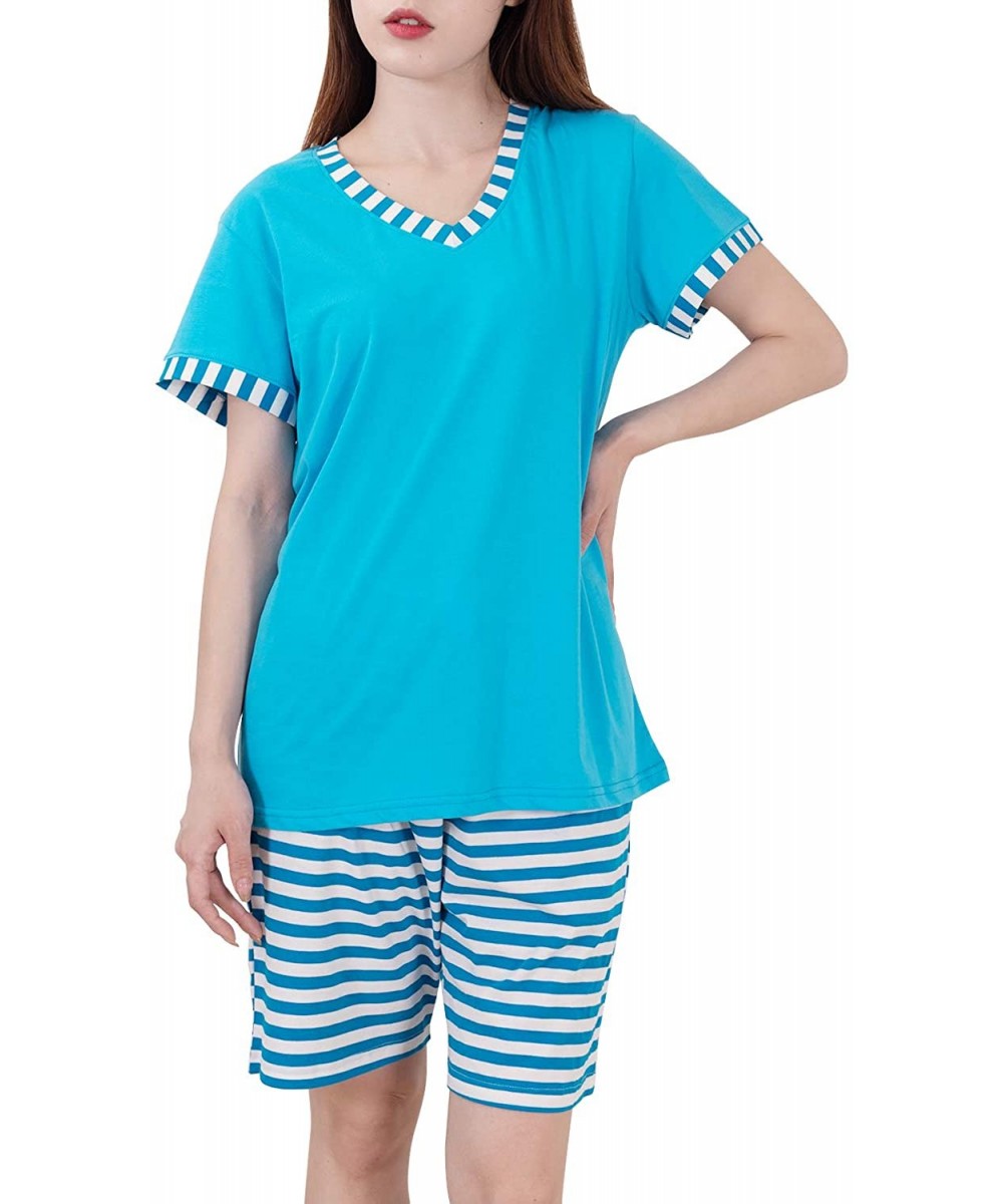 Sets Women's Pajamas Set Sleepwear Striped Pattern Bottom Nightwear Soft Pj Lounge Sets - Summer Blue - C7198CAHUH2