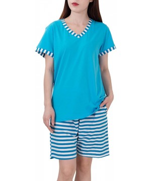 Sets Women's Pajamas Set Sleepwear Striped Pattern Bottom Nightwear Soft Pj Lounge Sets - Summer Blue - C7198CAHUH2