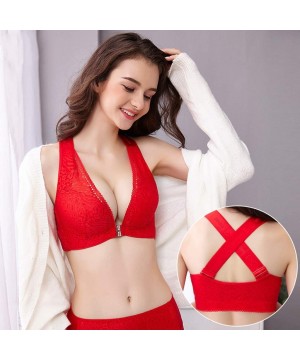 Slips Women's Front Closure Extra-Elastic Large Criss Cross Shaping Posture Lift Bra - Red - CK18YHI6LTC