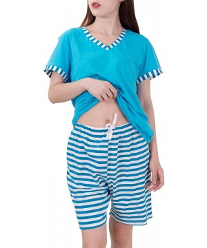 Sets Women's Pajamas Set Sleepwear Striped Pattern Bottom Nightwear Soft Pj Lounge Sets - Summer Blue - C7198CAHUH2