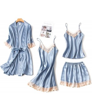 Sets Women 4 Pieces Pajamas Sets Seperate Rayon Satin Silk Striped Pajamas Women Sleepwear Sets - Grey 2pcs - CS18YO8QZN6