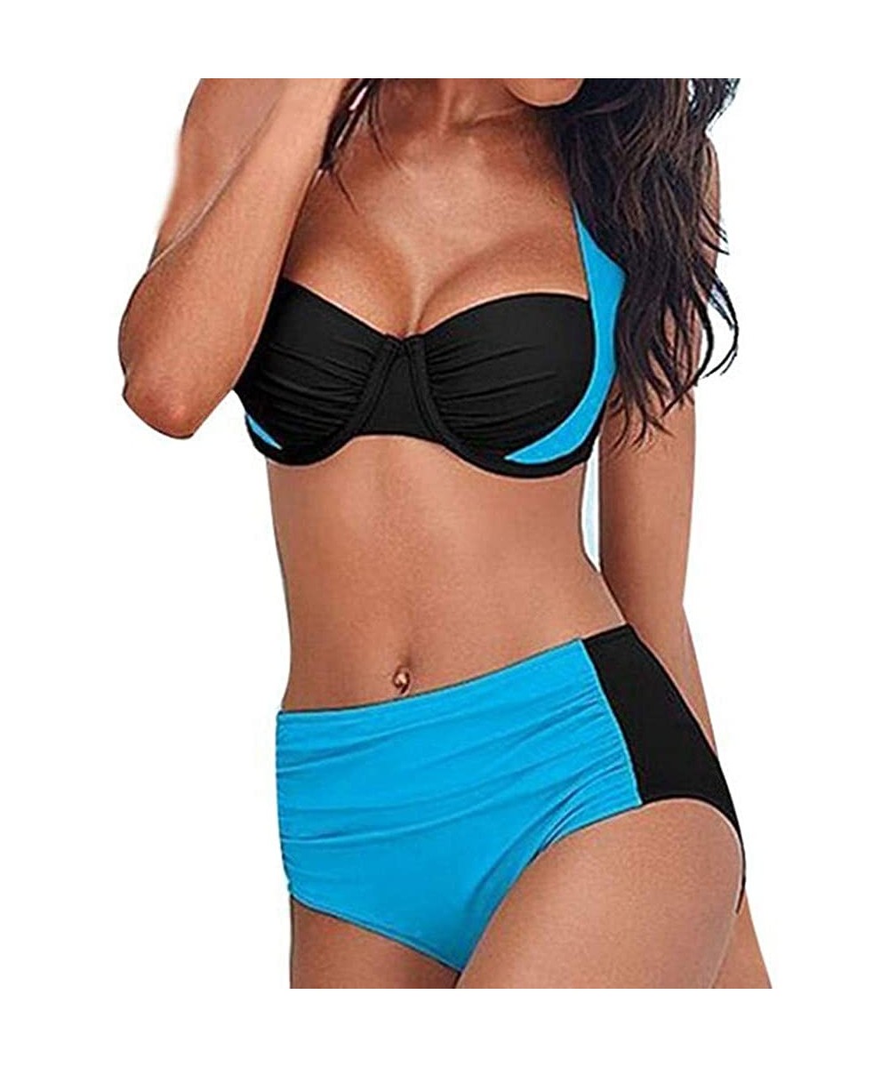 Tops Women's Swimwear Sexy High Waist Pad Push-up Bikini Set Two-Piece Beachwear Swimsuit - Skyblue - CU18TQD95HY