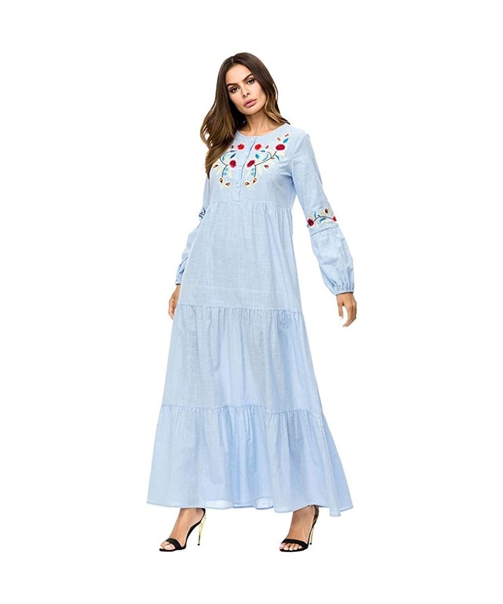 Robes Splicing Women's Middle Eastern Robe Muslim Farseeing Style Childlike Embroidered Robe Dress - Blue - CA19DU0NTQN