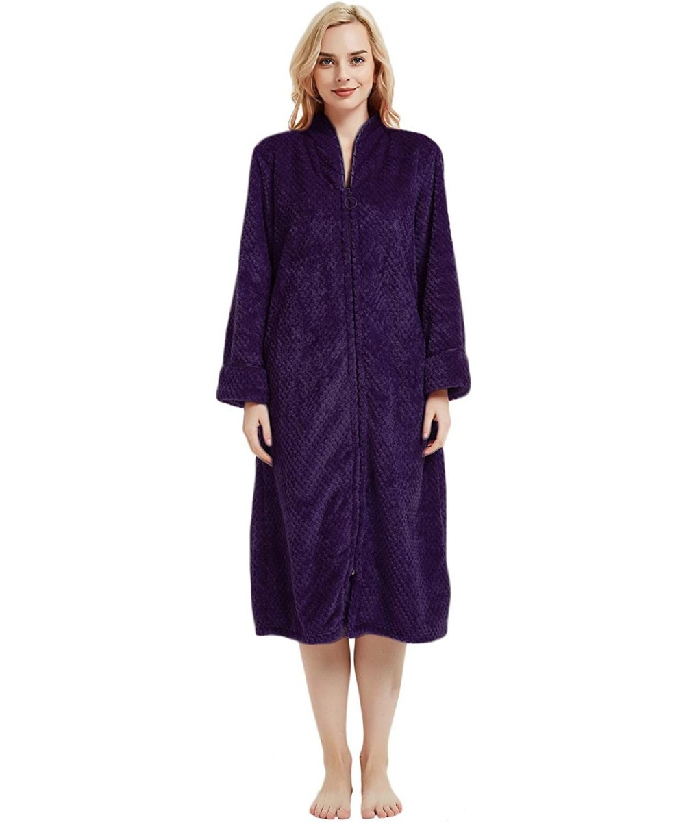 Robes Women's Fleece Robe Calf Length Long Sleeve Fluffy Plain Plush Zip Front Bathrobe - Purple - CF186S0DNU6