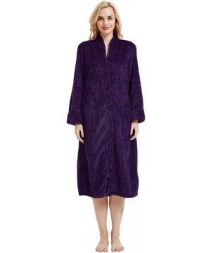 Robes Women's Fleece Robe Calf Length Long Sleeve Fluffy Plain Plush Zip Front Bathrobe - Purple - CF186S0DNU6