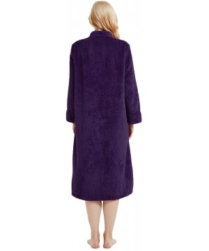 Robes Women's Fleece Robe Calf Length Long Sleeve Fluffy Plain Plush Zip Front Bathrobe - Purple - CF186S0DNU6