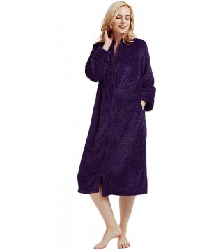 Robes Women's Fleece Robe Calf Length Long Sleeve Fluffy Plain Plush Zip Front Bathrobe - Purple - CF186S0DNU6