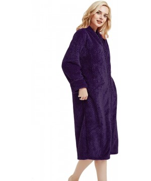 Robes Women's Fleece Robe Calf Length Long Sleeve Fluffy Plain Plush Zip Front Bathrobe - Purple - CF186S0DNU6