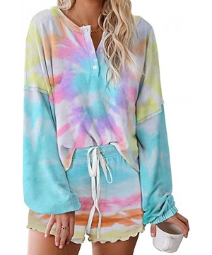 Sets Tie Dye Lounge Sets for Women-Womens Long Sleeve Pajamas Set Tie Dye Printed Ruffle Soft Top and Shorts PJ Set - T-multi...