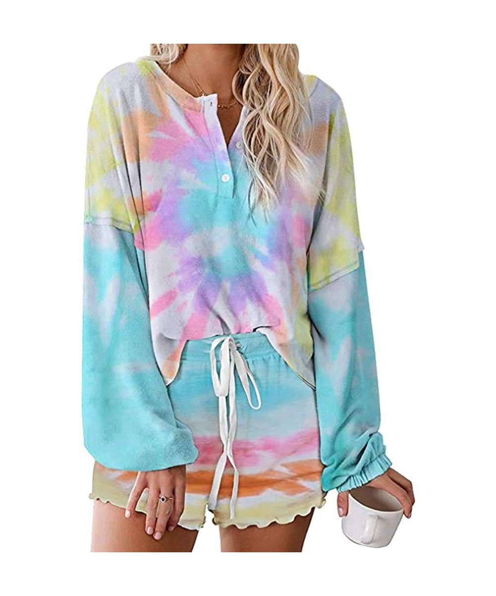 Sets Tie Dye Lounge Sets for Women-Womens Long Sleeve Pajamas Set Tie Dye Printed Ruffle Soft Top and Shorts PJ Set - T-multi...