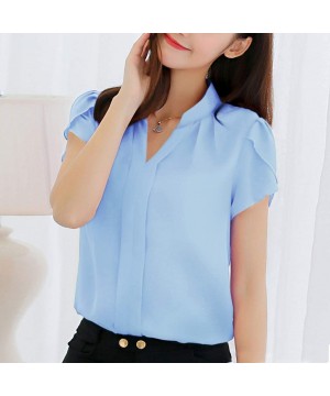 Bras Fashion Womens Casual Chiffon Short Sleeve Splice Lace Crop Top Blouse - Blue-b - C318SWCZHK5