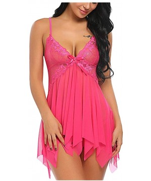 Sets 2PCS Women Lingerie Nightdress Lace Lingerie Babydoll Deep V Neck Bow Sleepwear Strap Chemise with G String Hot Pink - C...