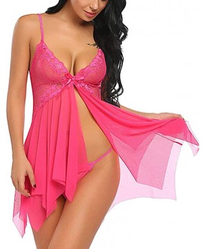 Sets 2PCS Women Lingerie Nightdress Lace Lingerie Babydoll Deep V Neck Bow Sleepwear Strap Chemise with G String Hot Pink - C...