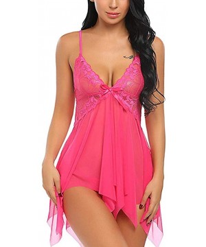 Sets 2PCS Women Lingerie Nightdress Lace Lingerie Babydoll Deep V Neck Bow Sleepwear Strap Chemise with G String Hot Pink - C...