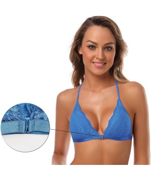 Bras Women's Embroidered Triangle Bra Front Closure Plunge Wireless Lightly Lined Lace Bralette Top - Blue - CL18EMNS5IS