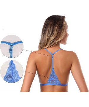 Bras Women's Embroidered Triangle Bra Front Closure Plunge Wireless Lightly Lined Lace Bralette Top - Blue - CL18EMNS5IS