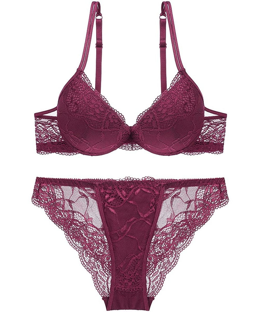 Bras Women Fashion Push Up Bra Panty Set Underwear Breathable Lace Sexy Lingerie Intimates - Wine Red - CO12N8AEROS