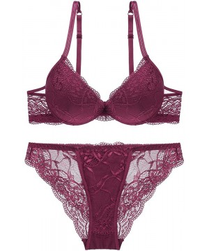 Bras Women Fashion Push Up Bra Panty Set Underwear Breathable Lace Sexy Lingerie Intimates - Wine Red - CO12N8AEROS