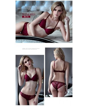 Bras Women Fashion Push Up Bra Panty Set Underwear Breathable Lace Sexy Lingerie Intimates - Wine Red - CO12N8AEROS